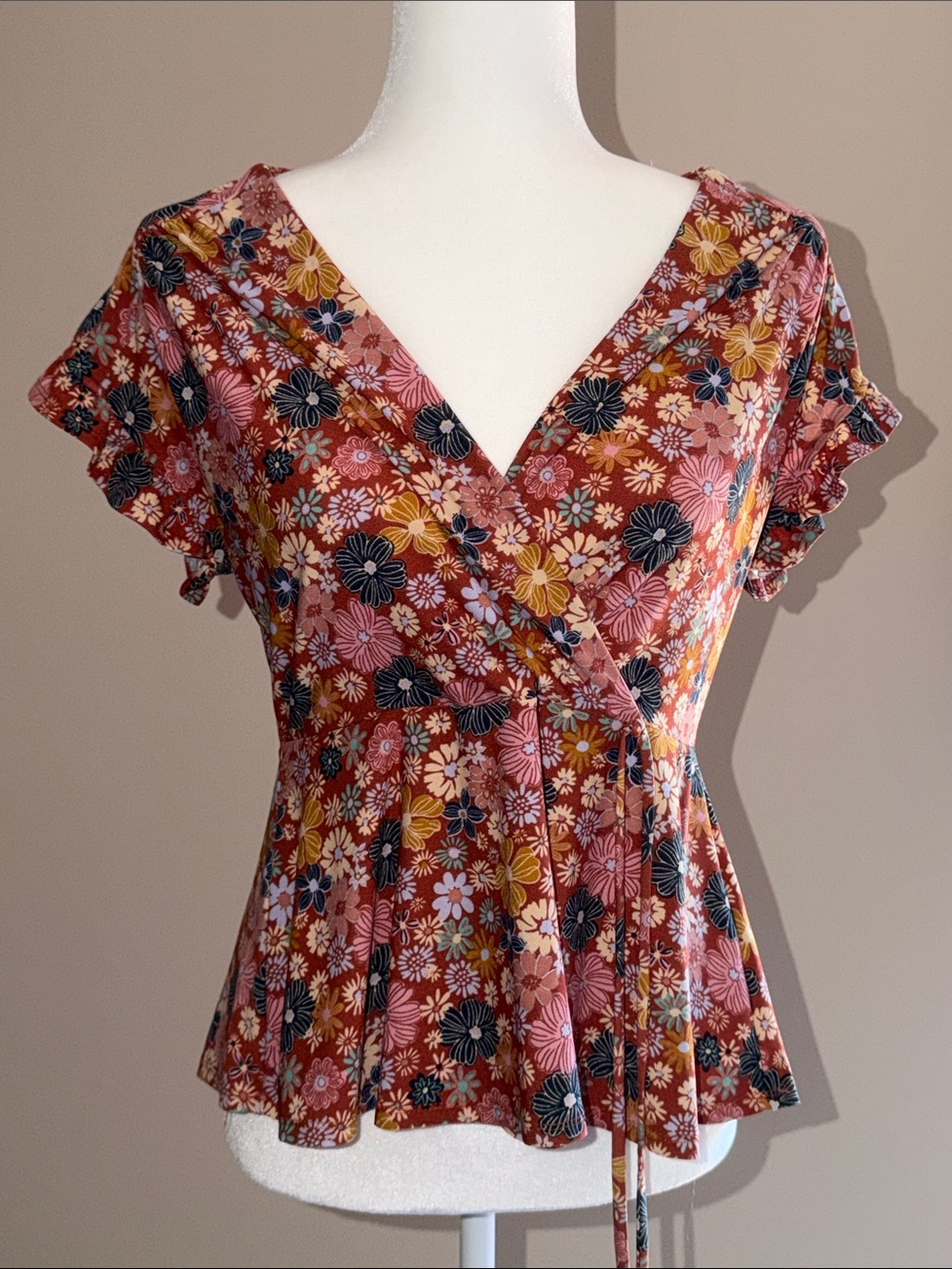Floral Wrap Peplum Blouse in Rust Pink Mix